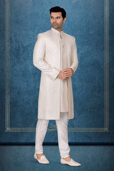 Off-White And Gold Elegant Jacket Sherwani — view 4 of 5