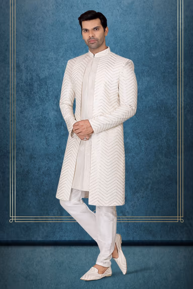 Off-White And Gold Elegant Jacket Sherwani — view 3 of 5