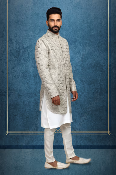 Pastel Green 2 Pc Grooms Sherwani With White Pajama Pants — view 2 of 2