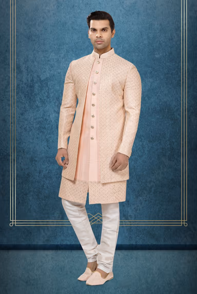 Peach Brocade Layered Sherwani — view 2 of 6