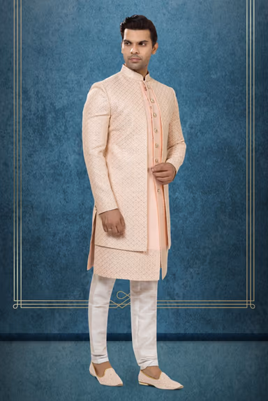 Peach Brocade Layered Sherwani — view 3 of 6