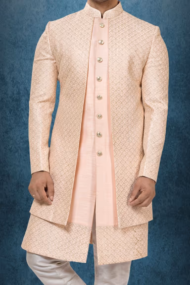 Peach Brocade Layered Sherwani — view 5 of 6