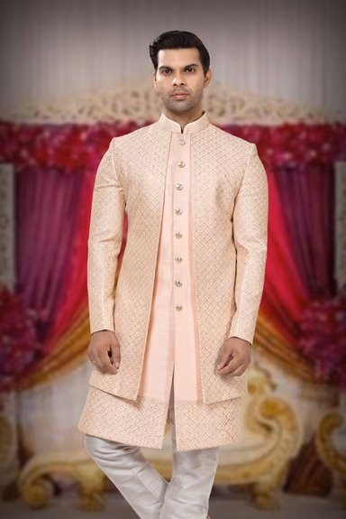 Peach Brocade Layered Sherwani — view 6 of 6
