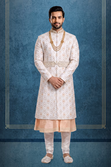 Peach Empress Jacquard Luxurious Classic Sherwani — view 1 of 3