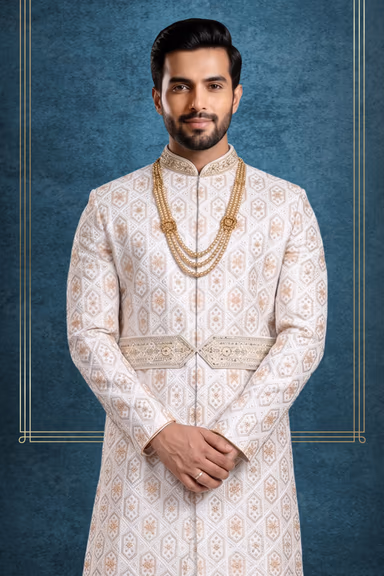Peach Empress Jacquard Luxurious Classic Sherwani — view 2 of 3