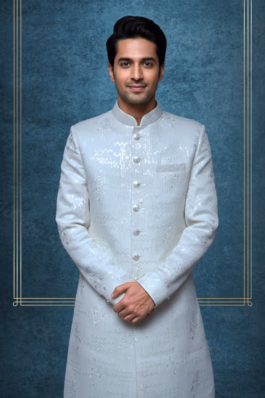 Pearl White Sherwani with Vertical Lines and Subtle Floral Bloom Embroidery — view 2 of 3