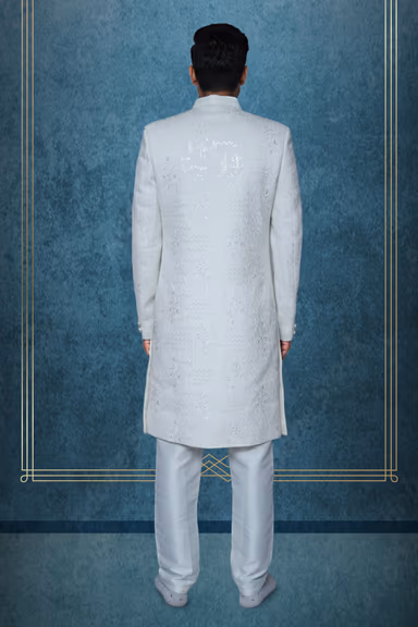 Pearl White Sherwani with Vertical Lines and Subtle Floral Bloom Embroidery — view 3 of 3
