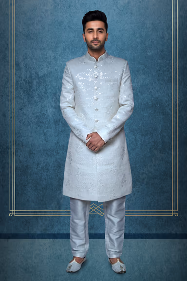 Pearl White Sherwani with Vertical Lines and Subtle Floral Bloom Embroidery — view 1 of 3