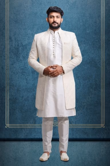 Plain Hem Off White Lakhnavi-Sherwani — view 1 of 5