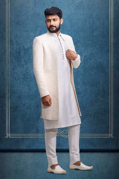 Plain Hem Off White Lakhnavi-Sherwani — view 3 of 5