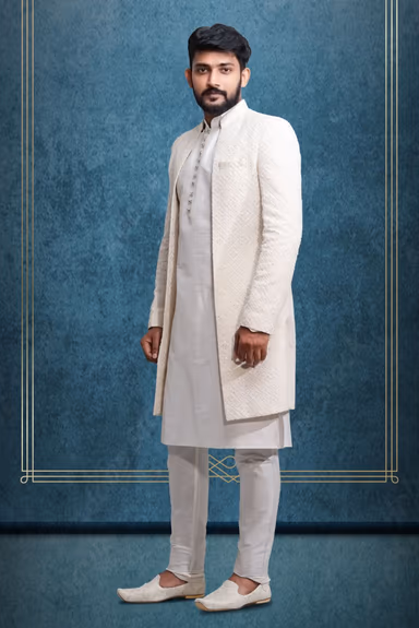 Plain Hem Off White Lakhnavi-Sherwani — view 2 of 5
