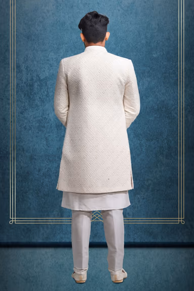 Plain Hem Off White Lakhnavi-Sherwani — view 5 of 5