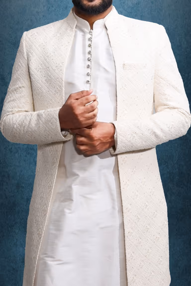Plain Hem Off White Lakhnavi-Sherwani — view 4 of 5