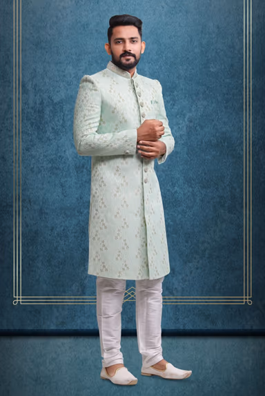 Powder Blue & Gold Fashionable Classic Sherwani — view 3 of 6
