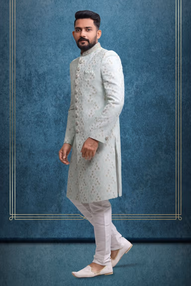 Powder Blue & Gold Fashionable Classic Sherwani — view 2 of 6