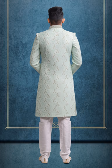 Powder Blue & Gold Fashionable Classic Sherwani — view 5 of 6
