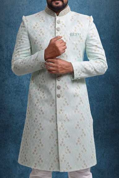 Powder Blue & Gold Fashionable Classic Sherwani — view 4 of 6