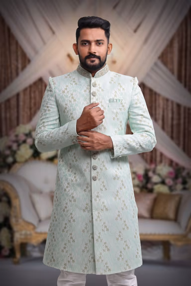 Powder Blue & Gold Fashionable Classic Sherwani — view 6 of 6
