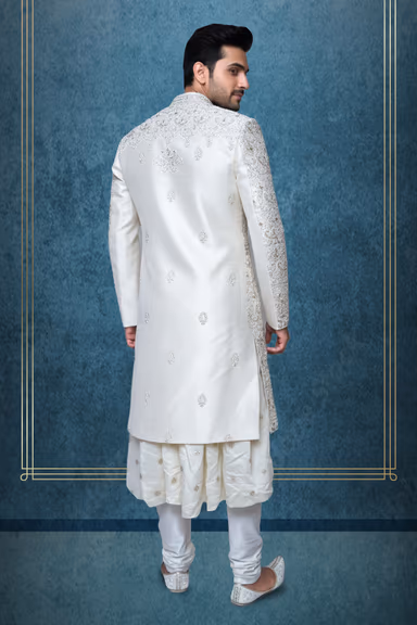 Raw Silk Designer Sherwani with Intricate Threadwork Layered Over Elegant Anarkali Kurta — view 3 of 4