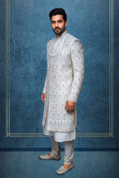 Raw Silk Designer Sherwani with Intricate Threadwork Layered Over Elegant Anarkali Kurta — view 4 of 4