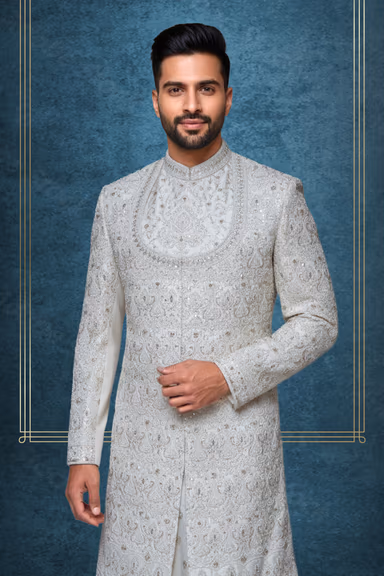 Raw Silk Designer Sherwani with Intricate Threadwork Layered Over Elegant Anarkali Kurta — view 2 of 4