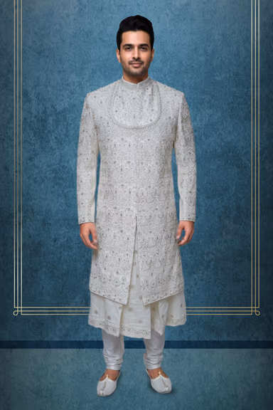 Raw Silk Designer Sherwani with Intricate Threadwork Layered Over Elegant Anarkali Kurta — view 1 of 4
