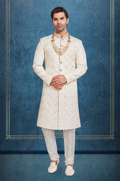 Royal Cream And Gold Embroidered  Sherwani — view 1 of 6