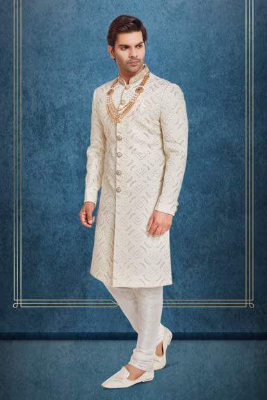 Royal Cream And Gold Embroidered  Sherwani — view 3 of 6