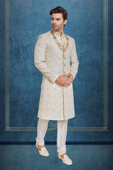 Royal Cream And Gold Embroidered  Sherwani — view 2 of 6