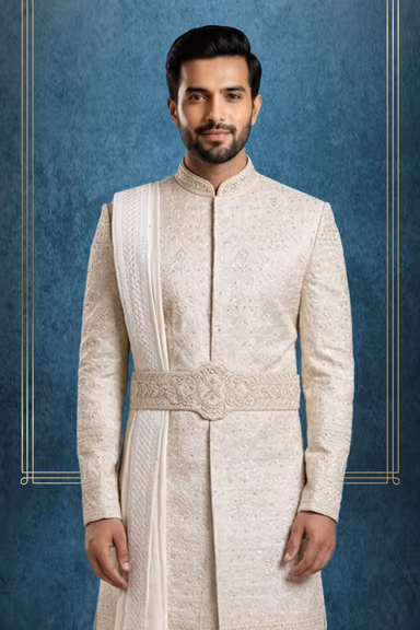 Royal Ivory Embroidered Sherwani Set with Dupatta & Belt — view 2 of 3