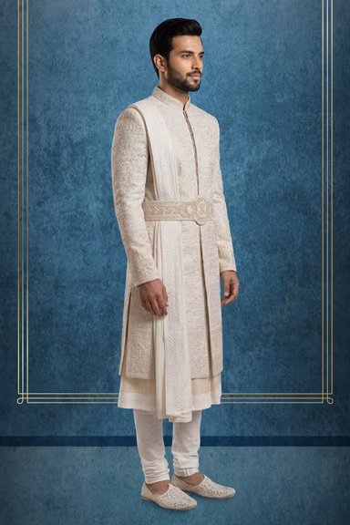 Royal Ivory Embroidered Sherwani Set with Dupatta & Belt — view 3 of 3