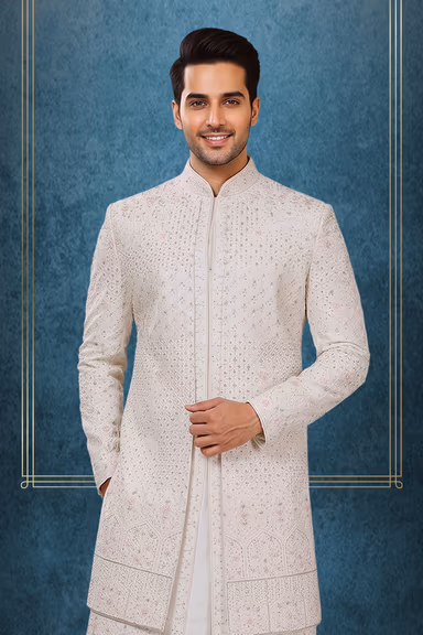 Royal Ivory White Embroidered Sherwani Set with Churidar — view 2 of 3