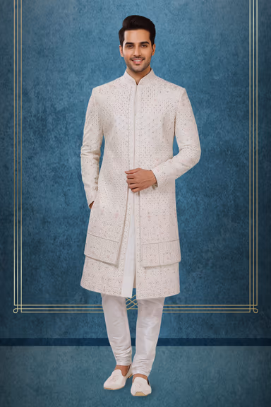 Royal Ivory White Embroidered Sherwani Set with Churidar — view 1 of 3