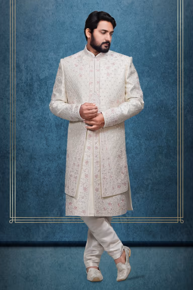 Royal White  And Pink Silk Grooms Sherwani — view 3 of 5