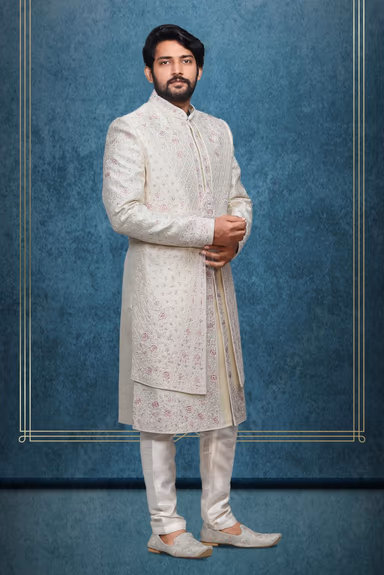 Royal White  And Pink Silk Grooms Sherwani — view 4 of 5