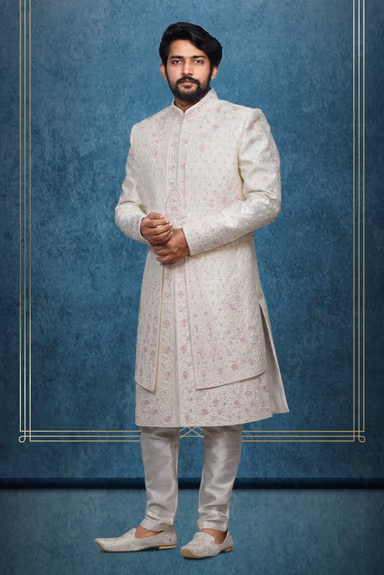 Royal White  And Pink Silk Grooms Sherwani — view 1 of 5