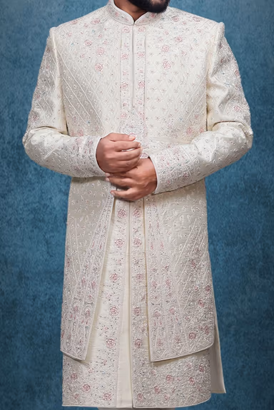 Royal White  And Pink Silk Grooms Sherwani — view 5 of 5