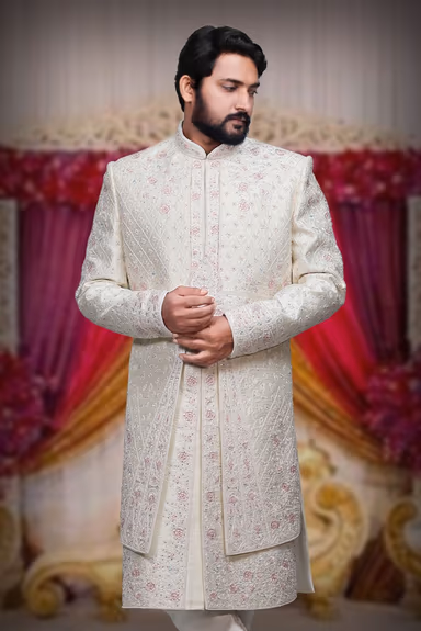 Royal White  And Pink Silk Grooms Sherwani — view 2 of 5