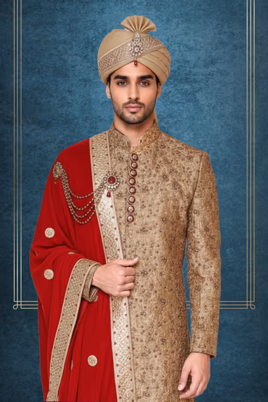 Silk golden sherwani with red dupatta — view 2 of 2