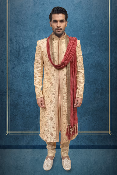 Thread worked sherwani along with a maroon color shawl — view 1 of 2