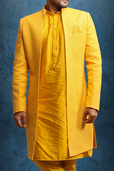 Vibrant Yellow Lucknowi and Dupion Silk Sherwani Set with Self-Textured Detailing — view 4 of 5