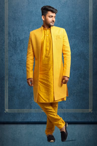 Vibrant Yellow Lucknowi and Dupion Silk Sherwani Set with Self-Textured Detailing — view 1 of 5