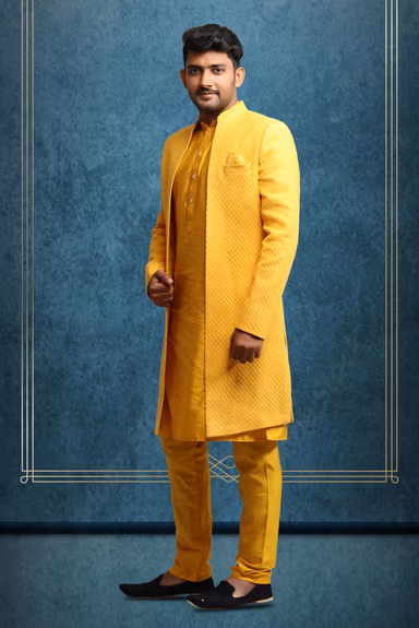 Vibrant Yellow Lucknowi and Dupion Silk Sherwani Set with Self-Textured Detailing — view 3 of 5