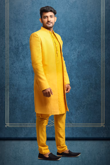 Vibrant Yellow Lucknowi and Dupion Silk Sherwani Set with Self-Textured Detailing — view 2 of 5