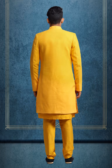Vibrant Yellow Lucknowi and Dupion Silk Sherwani Set with Self-Textured Detailing — view 5 of 5