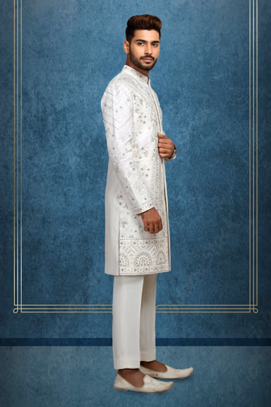 White Grooms Sherwani With Heavy Threadwork Details Along With Same Color Pant — view 2 of 2