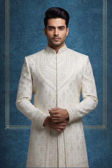 White Maharaja Sherwani With Symmetrical Cut Details And Threadwork. — view 2 of 2