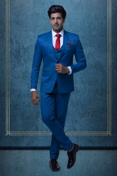 3 Pcs Suiting In Peacock Blue Mat Finish Suit — view 1 of 7
