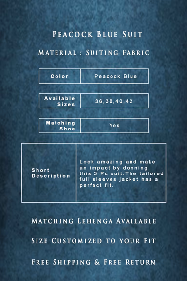 3 Pcs Suiting In Peacock Blue Mat Finish Suit — view 3 of 7