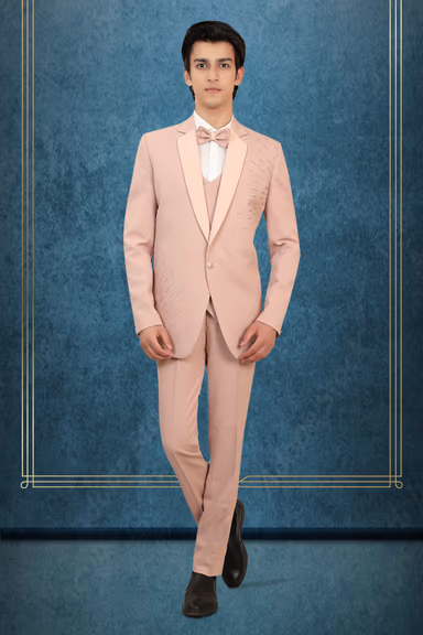 Blush Pink 3-Piece Tuxedo Suit with Bow Tie & Embellished Detailing — view 1 of 2